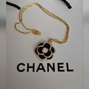 CHANEL Black and Gold Camellia Upcycled Charm Necklace